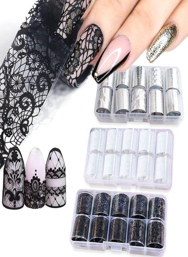 DANNEASY Nail Foil Transfer, DANNEASY 30 Roll Black White Laser Lace Retro Foils Nail Stickers Holographic Nail Art Foil Transfer Starry Sky Nails Art Design Stickers Decals for Women Kids - Image 1
